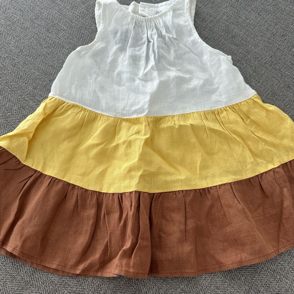 Zara Kids Casual Linen Dress - White, Yellow, and Brown